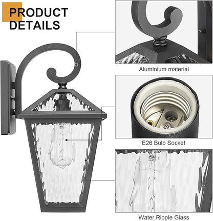 Outdoor Lights Fixtures Wall Mount, Outdoor Wall Lantern with Water Ripple Glass, Waterproof Outside Exterior Wall Sconce Lights Fixture for House, Front Porch, Patio, Large, Matte Black