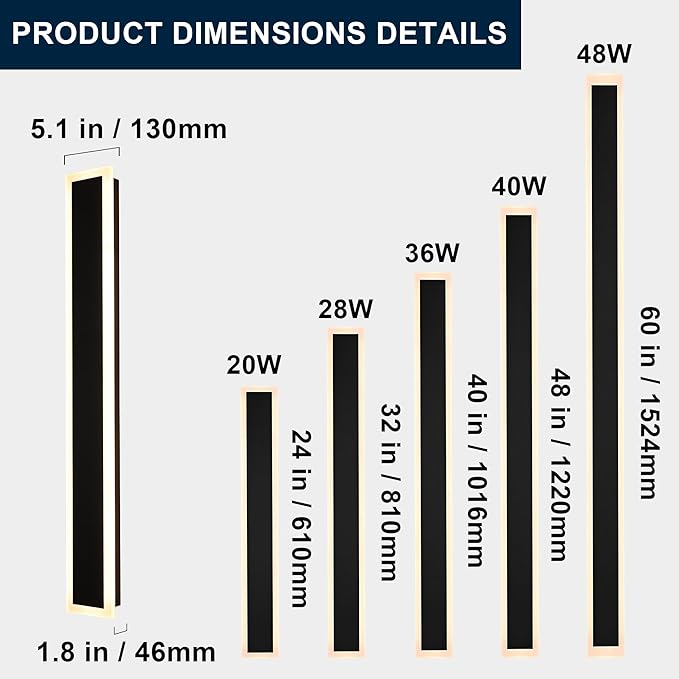 MELUCEE 2pcs 48in Long Outdoor Wall Lights Exterior Dimmable LED Wall Lights Long Outdoor Wall Sconce IP65 Waterproof, LED Linear Exterior Lights for Patio Garden Garage Front Door, 3000K-6000K