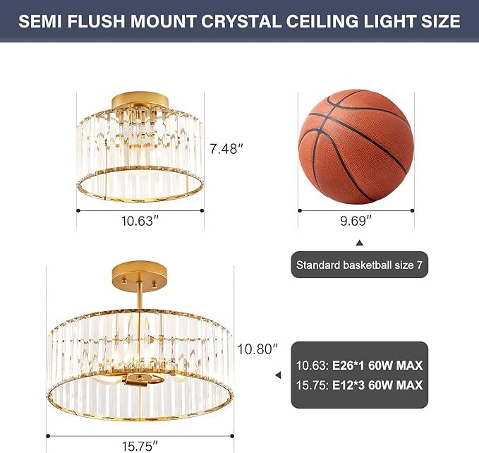 Crystal Gold Semi Flush Mount Ceiling Light Modern Hallway Light Fixture Metal Close to Ceiling Lamp for Kitchen Living Room Bathroom Entryway Bedroom(10.63 inch)