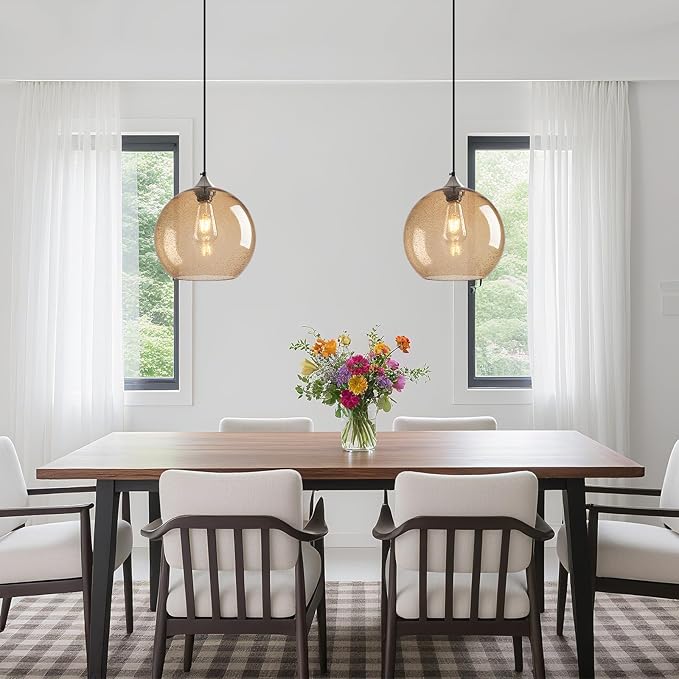 Light Brown Glass Pendant Lights Kitchen Island Globe Pendant Light Fixtures Modern Pendant Lighting for Bedroom Living Dining Room Light Fixture (9.84 in, 2 Pack)