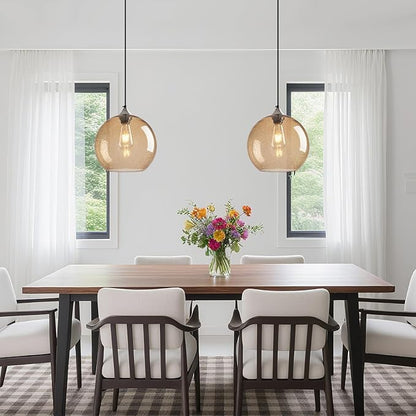 Light Brown Glass Pendant Lights Kitchen Island Globe Pendant Light Fixtures Modern Pendant Lighting for Bedroom Living Dining Room Light Fixture (9.84 in, 2 Pack)
