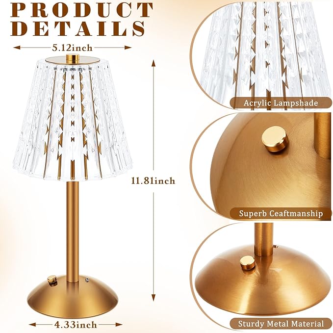 Liliful 2 Pcs Cordless Table Lamp Rechargeable Touch LED Small Gold Portable Battery Operated USB-c Desk Lamp 3 Color Dimmable for Bedroom Living Room Dining (Gold,Classic Style)