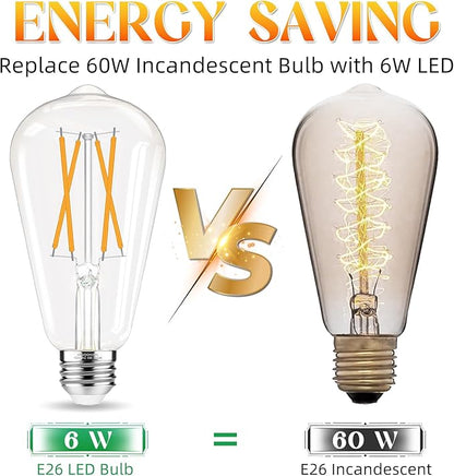 Edison Bulbs, E26 LED Bulb 60 watt Equivalent, Non-Dimmable, 2700K Warm White, ST58 Vintage Light Bulbs, 90+ CRI, E26 Medium Base, Clear Glass, 6 Pack