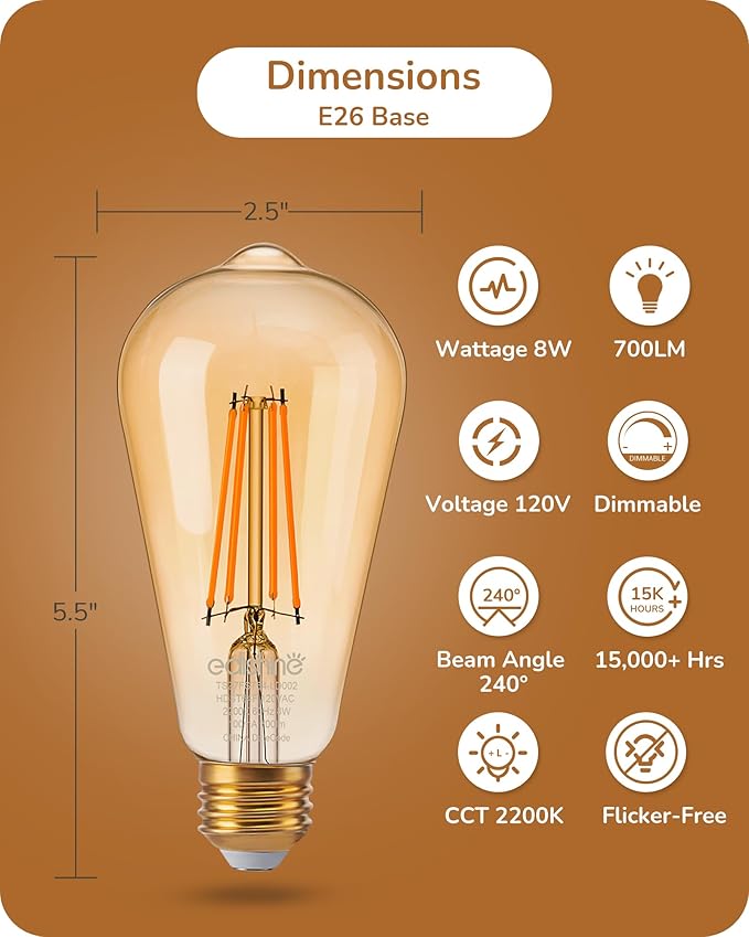 EDISHINE 12 Pack Vintage LED Edison Bulbs 8W Equivalent 60W, ST64 Dimmable Led Light Bulbs, 700LM 2200K Amber Warm Light E26, Decorative Antique LED Filament Bulbs for Home and Commercial, UL Listed