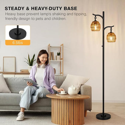 9MMML Rattan Floor Lamp for Living Room, Boho Floor Lamp with 2 Hanging Rattan Lamp Shade, 67'' Farmhouse Dimmable Black Standing Lamp with Rotary Switch for Bedroom, 2 x 800LM LED Bulbs Included