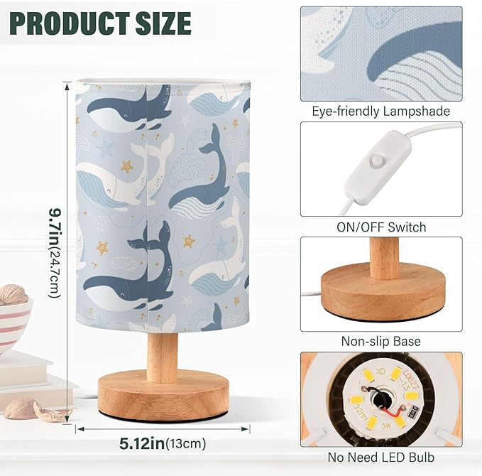 Bedside Lamp Cute Whales Marine Table Lamp for Bedroom LED Nightstand Lamp Shade USB Ports Wood Base for Living Room Dorm Office