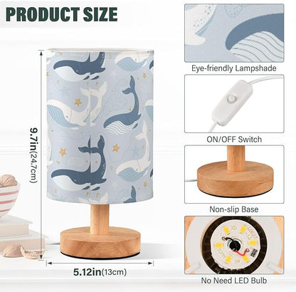 Bedside Lamp Cute Whales Marine Table Lamp for Bedroom LED Nightstand Lamp Shade USB Ports Wood Base for Living Room Dorm Office