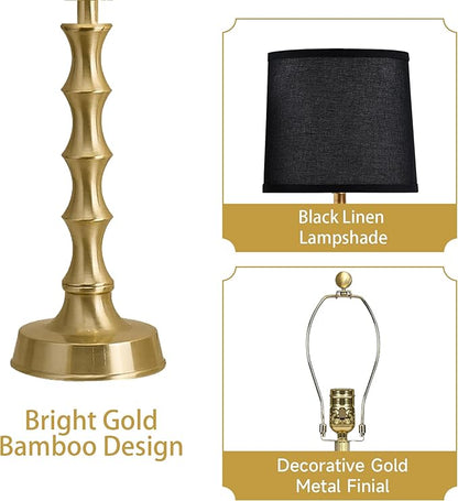 24" Gold Bamboo Table Lamps Set of 2 with Black Shade, Modern Small Nightstand & End Table Lights for Bedroom & Living Room