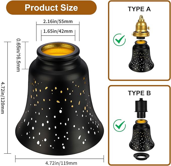 Ceiling Fan Light Covers, 4 Pack Pendant Light Shade Replacement with 1-5/8" Fitter, ALUCSET 4.5" Height and 4-3/4" Diameter, Metal Bell Shaped Cover for Chandelier Pendant Light Wall Sconces Series