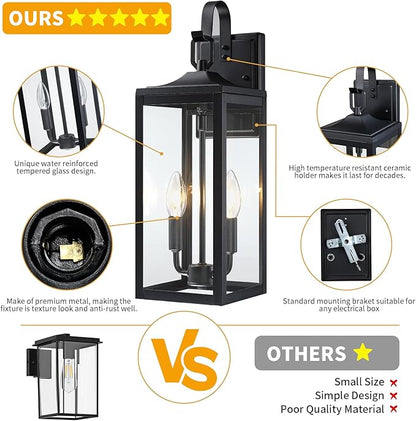 18'' Large Outdoor Light Fixture 2 Packs, Black Porch Lantern Wall Mounted, Waterproof 2-Light Exterior Lighting Fixtures with Clear Tempered Glass, Modern Sconce Outside Lights for House Patio Garage
