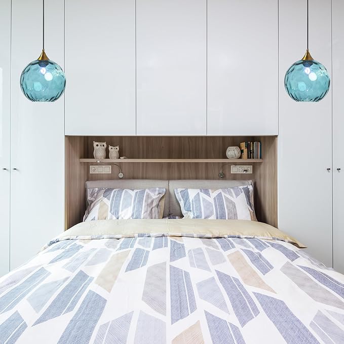 7.8 Inches Blue Glass Globe Pendant Lights Fixtures E26 Modern Farmhouse Glass Ball Pendant Lighting with Gold Brass Finish (Blue)