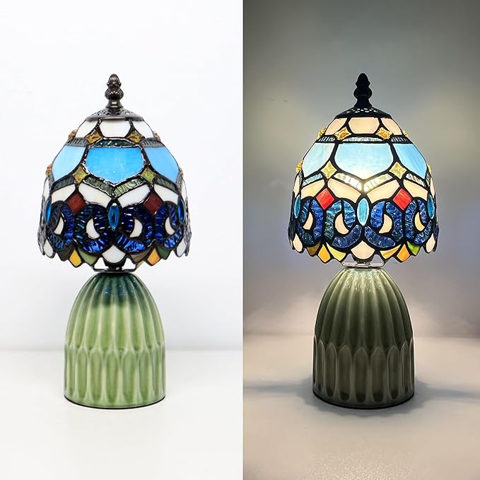 Tiffany Lamp Stained Glass Mushroom Table Lamps 6X6X12.5 Inch Blue Jewelry Baroque Style Small Night Light Ceramic Base Mini Accent Desk Light Suitable for Bedside Table Bedroom Children Room
