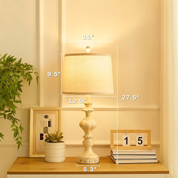 27.5" Farmhouse Table Lamps Set of 2 Bedside Nightstand Lamp with USB C+A Ports & AC Outlet, 3 Way Dimmable Touch Lamps for Bedroom Living Room Office Hallway Rustic Traditional Lamp