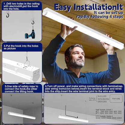 4FT LED Linear Strip Light, LED Shop Lights 40W/35W/30W Selectable,4 Color Selectable 3500K-6500K Adjustable,0-10V Dimmable Commercial Garage Office Ceiling Light Fixture, ETL DLC Listed (4 Pack)