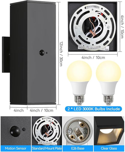 Motion Sensor Outdoor Lights, Modern Outdoor Wall Lights Black Exterior Light Fixture with E26 Base, Square Motion Detector Lights for Outside, Waterproof Sconce for House Porch, Bulbs Included
