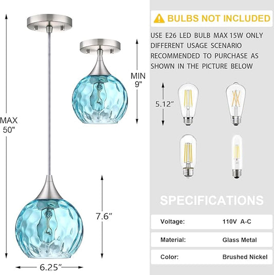 6.3" Blue Texture Glass Pendant Light 3 Pack Pendant Ceiling Light Fixture Brushed Nickel Finish Modern Farmhouse Dinning Over Sink Adjustable Height Cord