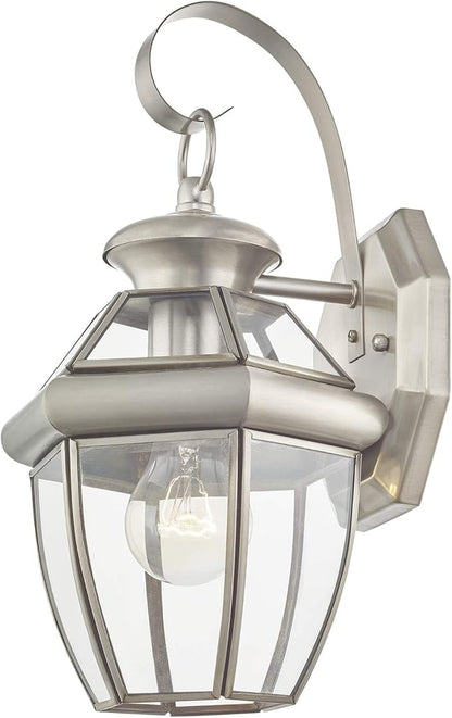Livex Lighting 2051-91 Monterey 1 Light Outdoor Brushed Nickel Finish Solid Brass Wall Lantern with Clear Beveled Glass