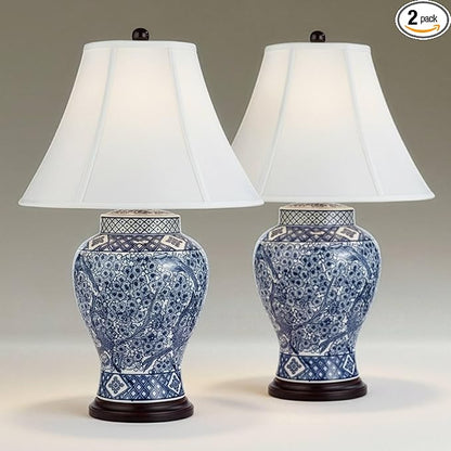 Barnes and Ivy Shonna Garden Bird 27" Tall Jar Traditional Table Lamps Set of 2 Blue Porcelain White Shade Living Room Bedroom Bedside Nightstand House Office Home Kitchen Entryway Console