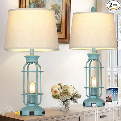 Farmhouse Table lamps for Living Room, 28" Tall Vintage Industrial Table Lamp with USB C+A Ports & Outlet, Rustic Bedside Lamps with 2 Nightlight & Linen Fabric Shade for Nightstand Bedrooms Desk Blue