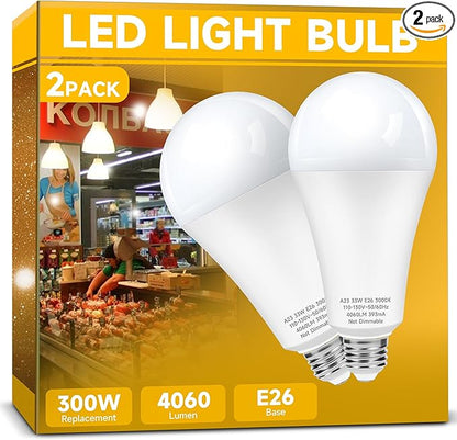 300W Equivalent LED Light Bulb, Super Bright 4060 Lumen Warm White 3000K, A23 E26 Medium Base 33 Watt LED Bulb for Garage Warehouse Workshop Backyard Patio Street Supermarket, 2-Pack