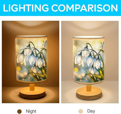 Snowdrop Table Lamp LED 3-Color Pressed Bedside, Snowdrop Shade Lamp with Wood Base for Bedroom Living Room Desk Office TL01