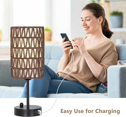Bedside Lamps Set of 2, Touch Control Night Stand Lamp for Bedroom with Rattan & Linen Shade & Bulbs, 3 Way Dimmable Small Boho Table Lamps with USB Charging Port & Phone Stand (Coffee Color)