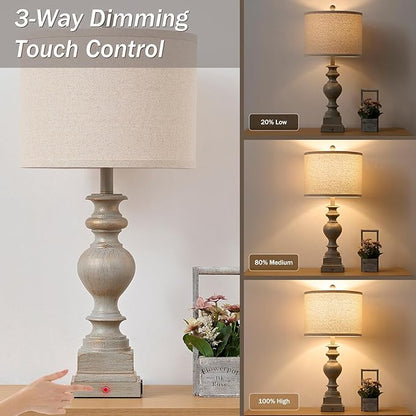 30“ Set of 2 Farmhouse Table Lamps with USB A+C & AC Outlet, Vintage Bedroom Touch Bedside Lamp Nightstand Traditional Side Table Lamp for Living Room Office