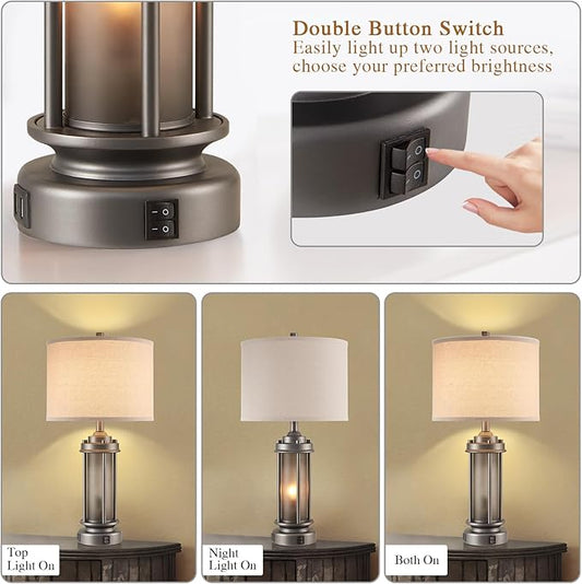 Industrial Metal Table Lamps Set of 2 Living Room Bedroom, 2 USB Ports Bedside Lamp with Glass Nightlight, Modern Desk Lamp for Entryway Office End Table, 4 Bulbs Included