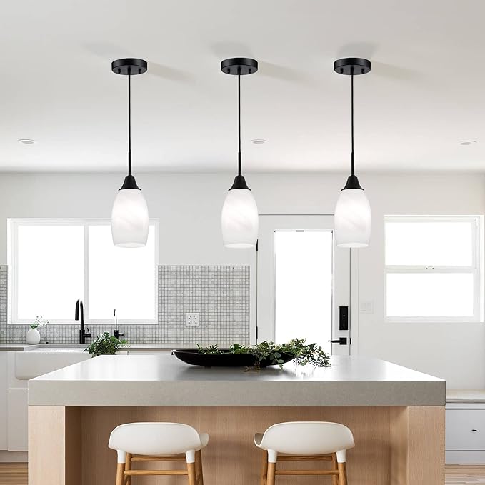 Mini Glass Pendant Light,1-Light Handblown White Oval Art Glass Hanging Pendant Light for Kitchen Island,Dining Room,Living,Foyer,Hallway, Entry Matte Black Metal