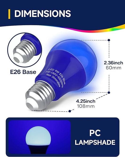 UNILAMP LED Blue Light Bulbs, E26 LED Bulb Blue Lights for Christmas, 9W Equivalent 60W, Blue Colored Light Bulbs for Outdoor Porch, Party Decoration, Holiday Home Lighting, Halloween, 4 Pack