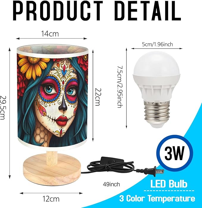 Sugar Skull Girl Table Lamp LED 3-Color Pressed Bedside, Sugar Skull Girl Shade Lamp with Wood Base for Bedroom Living Room Desk Office TL01