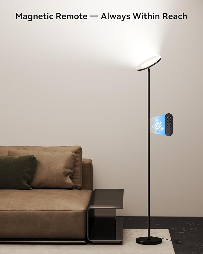 JOOFO LED Floor Lamp – Super Bright Torchiere with Remote & Foot Switch, Stepless Dimmable Tall Standing Lamp, 69" Modern Pole Light for Corner, Living Room, Bedroom, Reading, Office
