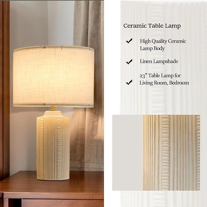 23" Ceramic Table Lamps Set of Two, White Ceramic Desk Lamps for Living Room, Farmhouse Bedside Lamps for Bedroom Decor, Beige Nightstand End Table Lamps