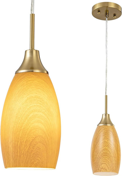 Mini Glass Pendant Light 4.72" Walnut Wood Grain Pendant Lights 1-Pack Handblown Art Oval Glass Hanging Pendant Light for Kitchen Island Dining Room Living Foyer Hallway Entry Brushed Gold