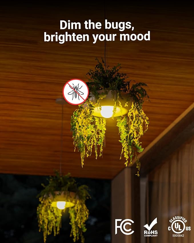 Sunco Yellow Light Bulbs Outdoor A19, LED Bug Lights for Outside Dusk to Dawn, 480 LM, 9W, 2000K Amber Glow, Auto On/Off Photocell Sensor, E26 Base, for Porch Patio Deck Backyard UL 4 Pack.