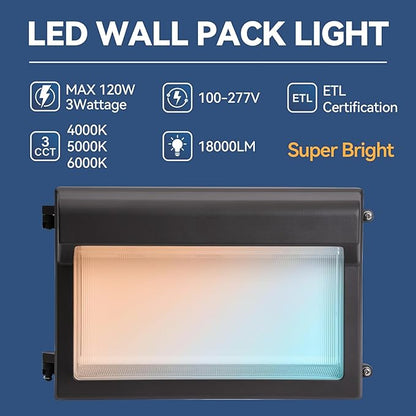 120W LED Wall Pack Light, Glass Lens LED Wall Lights with Photocell, 4000/5000/6500K 3CCT, 80/100/120W Selectable, Commercial Outdoor Security Lighting for Building Parking Lot Barn, ETL Listed