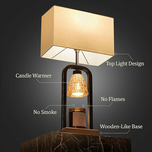 PoKat Table Lamps with Candle Warmer & Timer for Bedroom, Farmhouse Bedside Lamps Set of 2 for Night Stands, 21.5'' Bedroom Lamps Decor for Living Room, Dinning, Hallway, Bulbs Included, Black