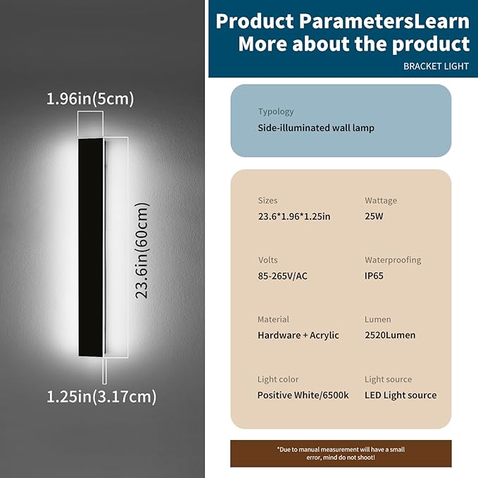 2 Pack 23.6inch Long Outdoor Led Wall Lights, IP65 Waterproof Black Outside Porch Lights, 6000K Cold White, 24W, Modern Exterior Wall Sconces Lighting for Garage, Patio, House, Garden