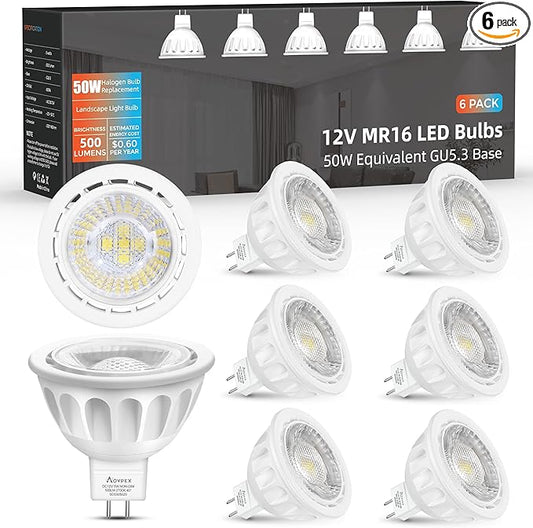 MR16 LED Bulbs, 5W(50W Halogen Equivalent) Landscape Light Bulbs, 2700K Warm White, GU5.3 Bi-Pin Base, 40° MR16 LED 12V Spotlight for Landscape Track Lighting, Non-Dimmable, 6 Pack