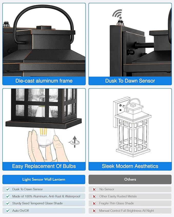Exterior Lighting Fixtures, Black Porch Lights Outdoor with Gold Trim, Dusk to Dawn Porch Light with Seeded Glass, Aluminum Anti-Rust Waterproof Outdoor Wall Lantern for Houae, Garage, Doorway