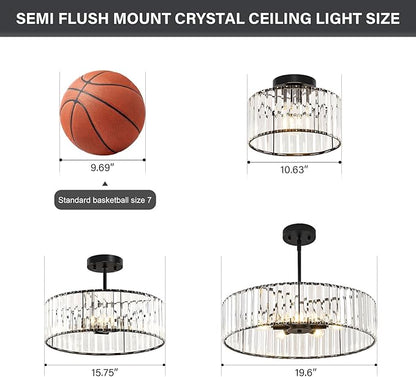 Modern Blcak Semi Flush Mount Ceiling Light, Crystal Dining Room Chandelier Light Fixture, 6-Light Drum Lighting Fixtures for Foyer Kitchen Living Room Bedroom (19.6 inch)