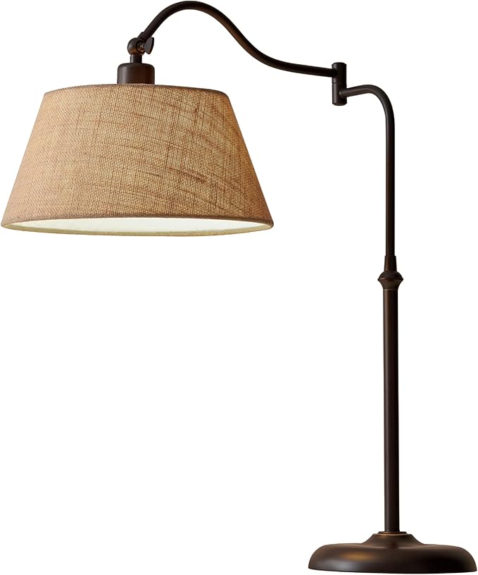 Adesso Rodeo Table Lamp with 180 Degree Adjustable Arm and Shade, Antique Bronze and Burlap, 27” Height, Versatile Bedside Table or Desk Lamp