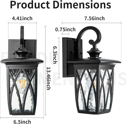 JYZ Outdoor Porch Light Wall Mount,14'' Exterior Waterproof Wall Lighting Fixtures,Wall Sconce Light with E26 Socket & Water Ripple Glass Shades, Matte Black Outside Wall Lantern for Patio Front Door