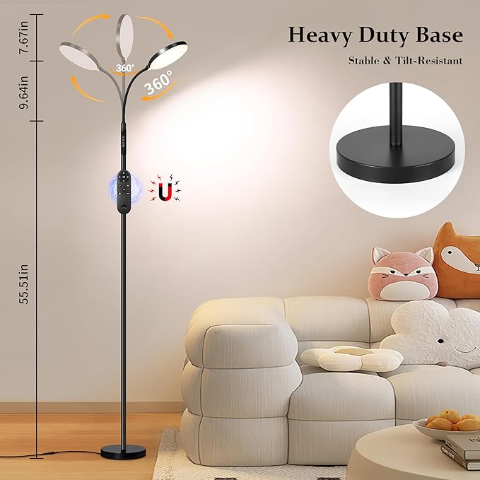 Eye-Caring Full Spectrum LED Floor Lamp, Magnetic Remote & Pole Control, Adjustable Gooseneck Dimmable 3000K-6500K, Stable Base for Living Room Bedroom Office Reading, Black