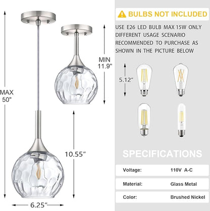 Doraimi Lighting 6.3" Texture Glass Pendant Light 3 Pack Pendant Ceiling Light Fixtures Brushed Nickel Finish Modern Farmhouse Dinning Over Sink Adjustable Height Rod