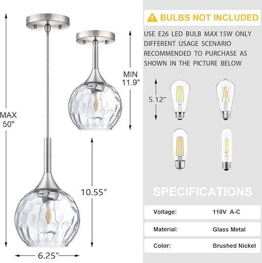 Doraimi Lighting 6.3" Texture Glass Pendant Light 3 Pack Pendant Ceiling Light Fixtures Brushed Nickel Finish Modern Farmhouse Dinning Over Sink Adjustable Height Rod