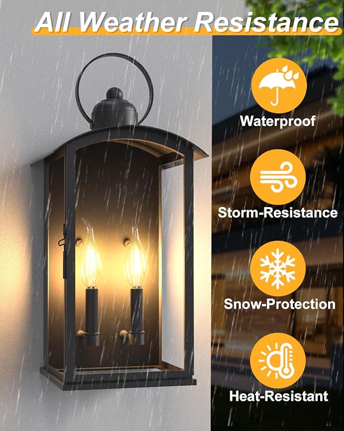 𝟏𝟗.𝟕-𝐈𝐍𝐂𝐇 Outdoor Wall Light Fixtures, Dusk to Dawn Exterior Lanterns Waterproof, Large Porch Sconces Wall Mounted Lighting, Modern Matte Black Front Open Window Wall Lamps for Patio