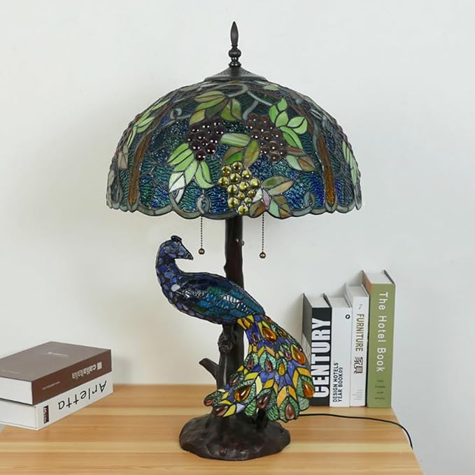 Large Tiffany Table Lamp 18" Wide Handmade Stained Glass Lamp Shade 3 Light Peacock Style Vintage Desk Light for Living Room Bedroom Bedside Reading Light,Grape