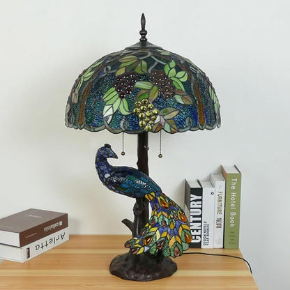 Large Tiffany Table Lamp 18" Wide Handmade Stained Glass Lamp Shade 3 Light Peacock Style Vintage Desk Light for Living Room Bedroom Bedside Reading Light,Grape