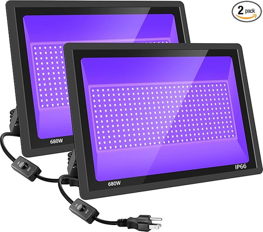 680W LED Black Lights, Blacklight Flood Light with Plug & Switch, 395nm IP66 Outdoor Waterproof Blacklight for Halloween Party, Stage Light, Body Paint, Neon Glow (2 Pack)